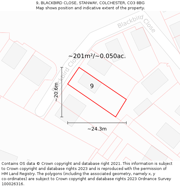 9, BLACKBIRD CLOSE, STANWAY, COLCHESTER, CO3 8BG: Plot and title map