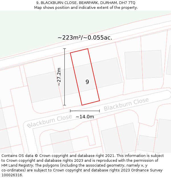 9, BLACKBURN CLOSE, BEARPARK, DURHAM, DH7 7TQ: Plot and title map