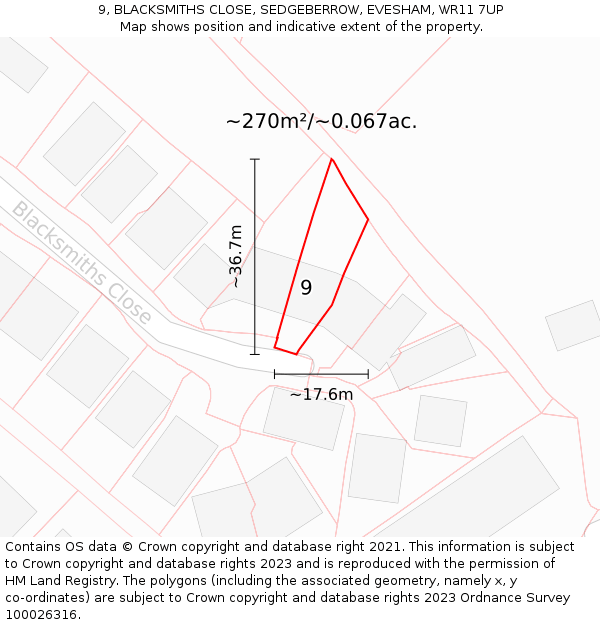 9, BLACKSMITHS CLOSE, SEDGEBERROW, EVESHAM, WR11 7UP: Plot and title map