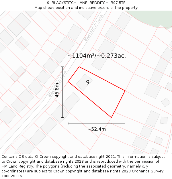 9, BLACKSTITCH LANE, REDDITCH, B97 5TE: Plot and title map
