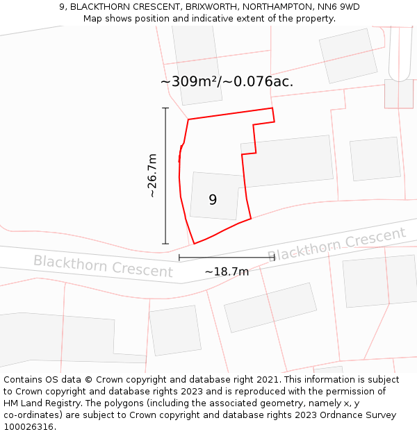9, BLACKTHORN CRESCENT, BRIXWORTH, NORTHAMPTON, NN6 9WD: Plot and title map