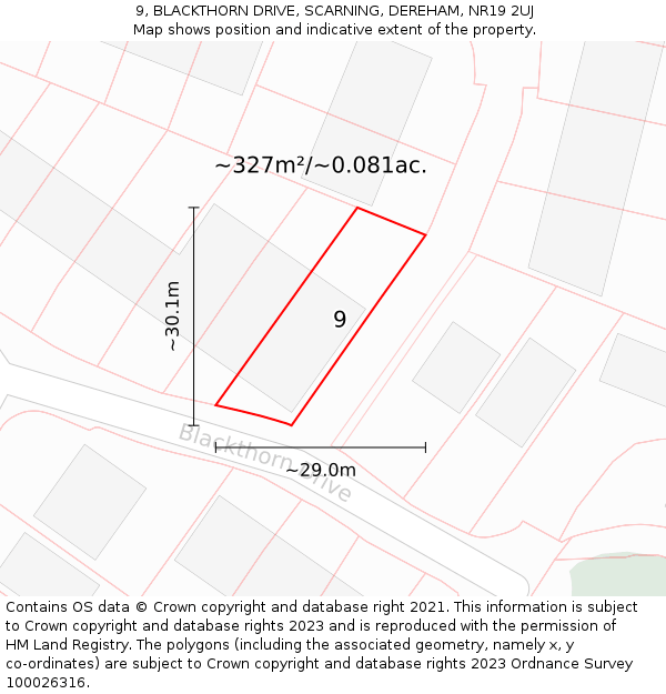 9, BLACKTHORN DRIVE, SCARNING, DEREHAM, NR19 2UJ: Plot and title map