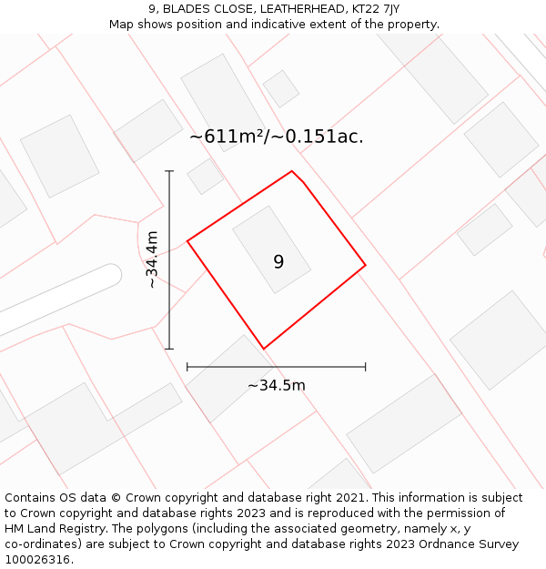 9, BLADES CLOSE, LEATHERHEAD, KT22 7JY: Plot and title map