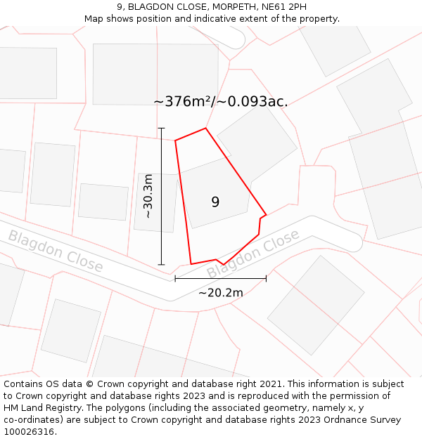 9, BLAGDON CLOSE, MORPETH, NE61 2PH: Plot and title map
