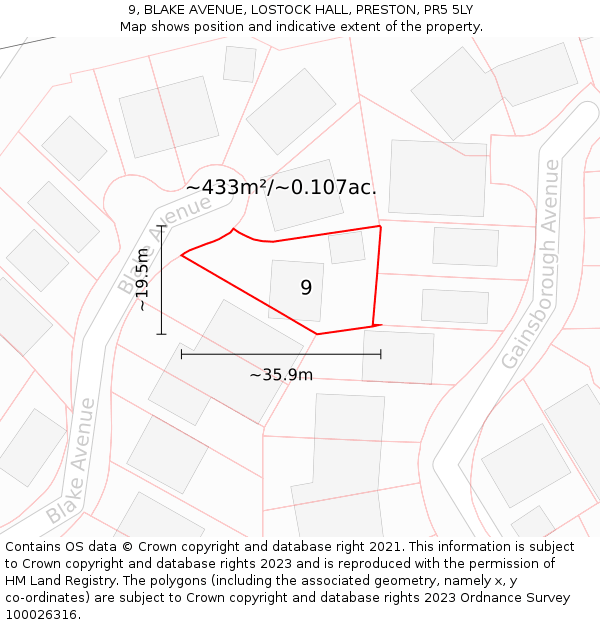 9, BLAKE AVENUE, LOSTOCK HALL, PRESTON, PR5 5LY: Plot and title map