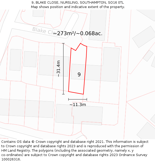 9, BLAKE CLOSE, NURSLING, SOUTHAMPTON, SO16 0TL: Plot and title map