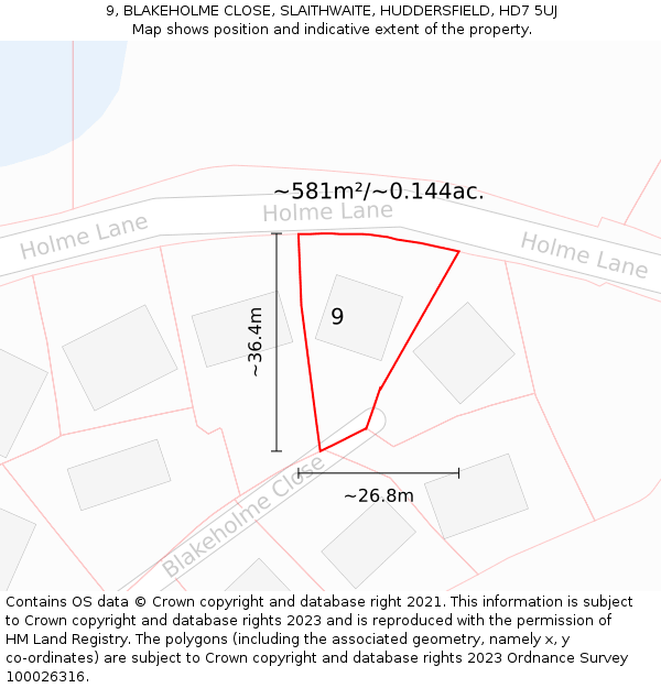 9, BLAKEHOLME CLOSE, SLAITHWAITE, HUDDERSFIELD, HD7 5UJ: Plot and title map