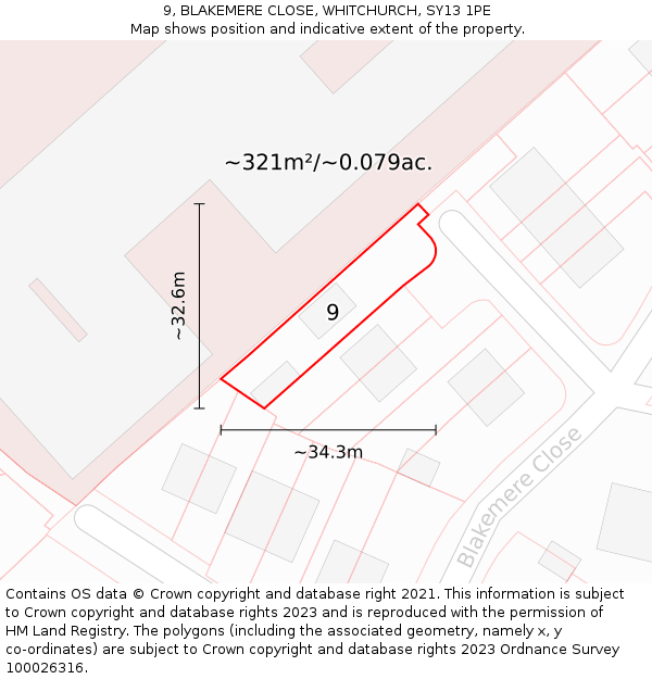 9, BLAKEMERE CLOSE, WHITCHURCH, SY13 1PE: Plot and title map