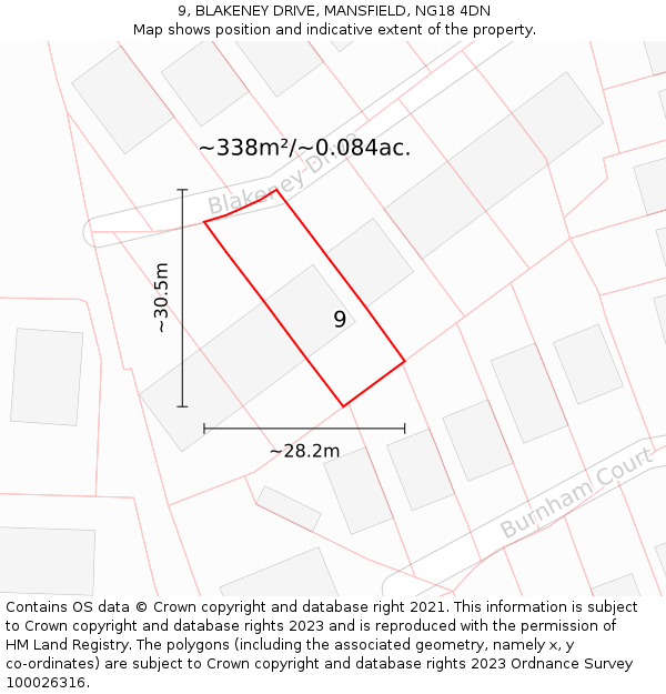 9, BLAKENEY DRIVE, MANSFIELD, NG18 4DN: Plot and title map