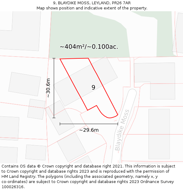 9, BLAYDIKE MOSS, LEYLAND, PR26 7AR: Plot and title map
