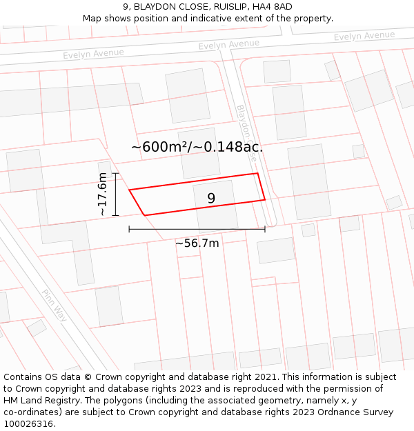9, BLAYDON CLOSE, RUISLIP, HA4 8AD: Plot and title map