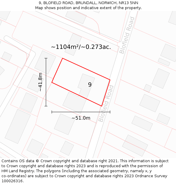 9, BLOFIELD ROAD, BRUNDALL, NORWICH, NR13 5NN: Plot and title map