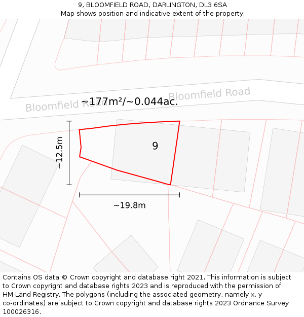 9, BLOOMFIELD ROAD, DARLINGTON, DL3 6SA: Plot and title map