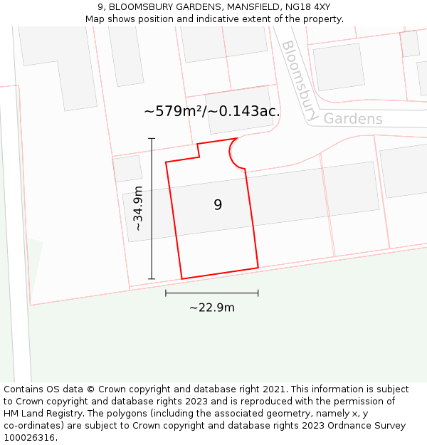 9, BLOOMSBURY GARDENS, MANSFIELD, NG18 4XY: Plot and title map