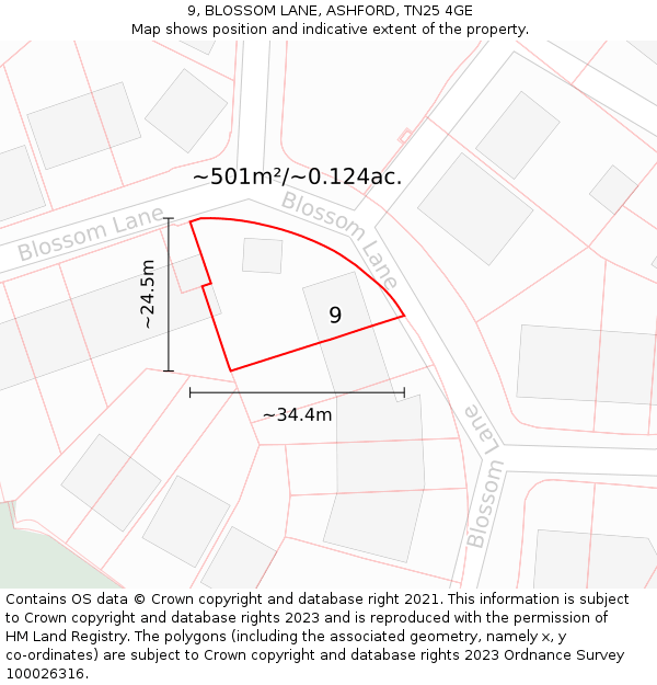 9, BLOSSOM LANE, ASHFORD, TN25 4GE: Plot and title map