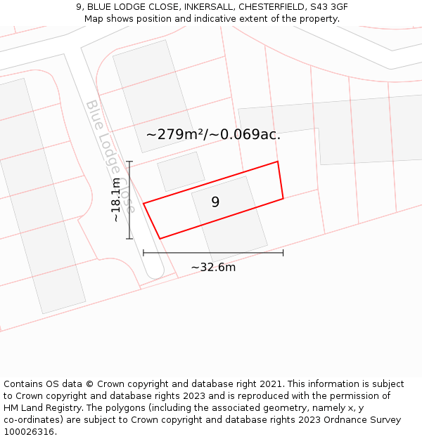 9, BLUE LODGE CLOSE, INKERSALL, CHESTERFIELD, S43 3GF: Plot and title map