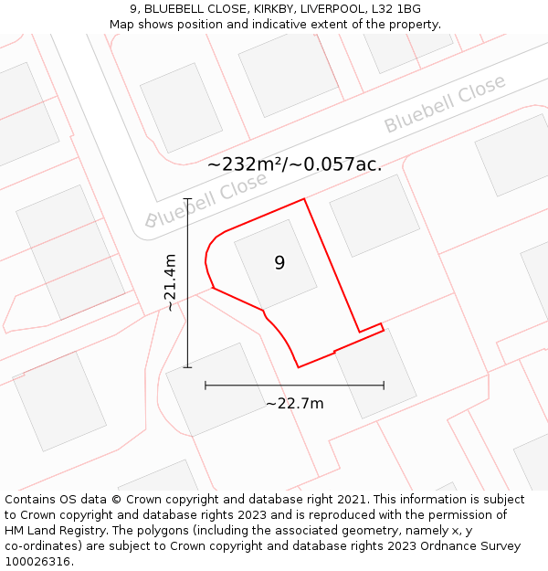 9, BLUEBELL CLOSE, KIRKBY, LIVERPOOL, L32 1BG: Plot and title map
