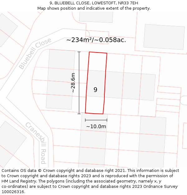9, BLUEBELL CLOSE, LOWESTOFT, NR33 7EH: Plot and title map