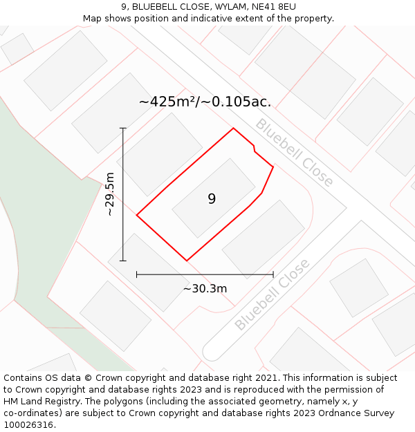9, BLUEBELL CLOSE, WYLAM, NE41 8EU: Plot and title map