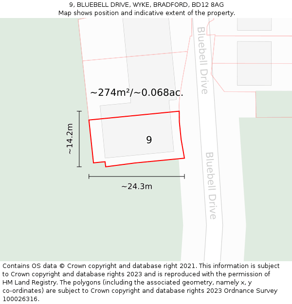9, BLUEBELL DRIVE, WYKE, BRADFORD, BD12 8AG: Plot and title map