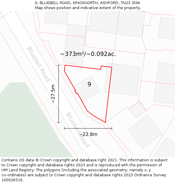 9, BLUEBELL ROAD, KINGSNORTH, ASHFORD, TN23 3NW: Plot and title map