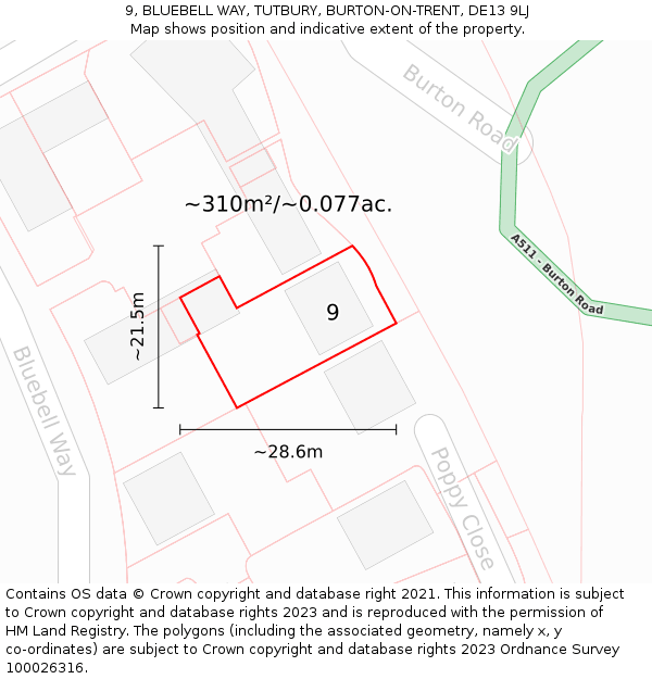 9, BLUEBELL WAY, TUTBURY, BURTON-ON-TRENT, DE13 9LJ: Plot and title map