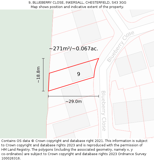 9, BLUEBERRY CLOSE, INKERSALL, CHESTERFIELD, S43 3GG: Plot and title map