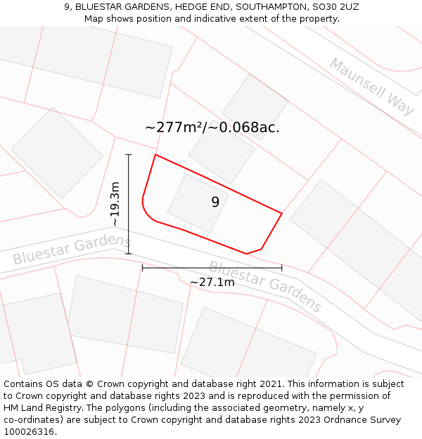 9, BLUESTAR GARDENS, HEDGE END, SOUTHAMPTON, SO30 2UZ: Plot and title map
