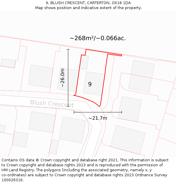 9, BLUSH CRESCENT, CARTERTON, OX18 1DA: Plot and title map