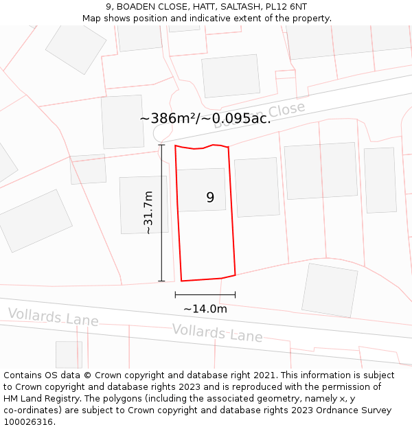 9, BOADEN CLOSE, HATT, SALTASH, PL12 6NT: Plot and title map