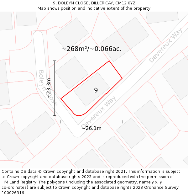 9, BOLEYN CLOSE, BILLERICAY, CM12 0YZ: Plot and title map
