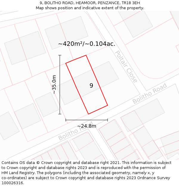 9, BOLITHO ROAD, HEAMOOR, PENZANCE, TR18 3EH: Plot and title map