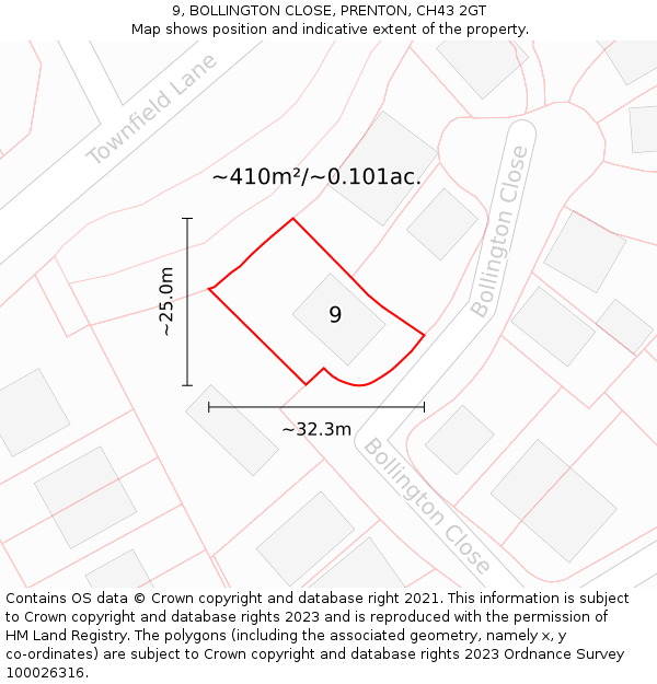 9, BOLLINGTON CLOSE, PRENTON, CH43 2GT: Plot and title map