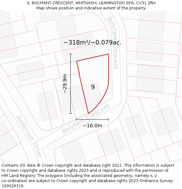 9, BOLYFANT CRESCENT, WHITNASH, LEAMINGTON SPA, CV31 2RH: Plot and title map