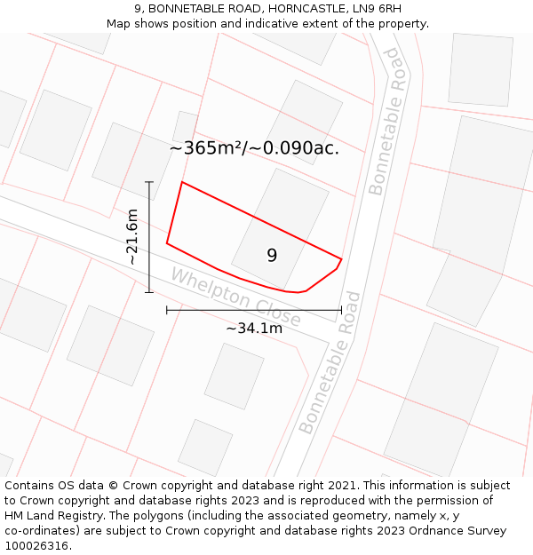 9, BONNETABLE ROAD, HORNCASTLE, LN9 6RH: Plot and title map