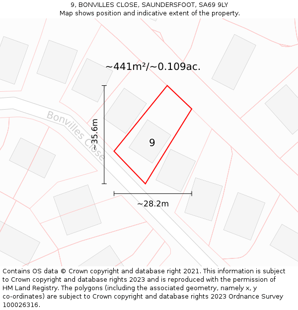 9, BONVILLES CLOSE, SAUNDERSFOOT, SA69 9LY: Plot and title map