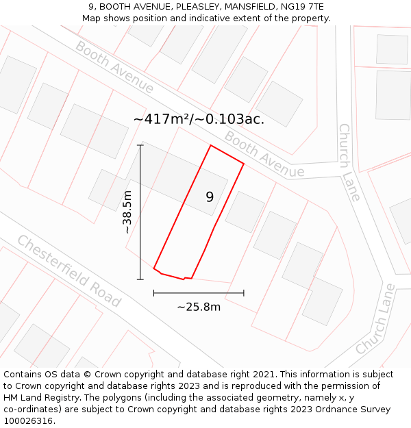 9, BOOTH AVENUE, PLEASLEY, MANSFIELD, NG19 7TE: Plot and title map