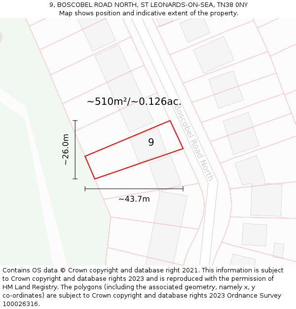 9, BOSCOBEL ROAD NORTH, ST LEONARDS-ON-SEA, TN38 0NY: Plot and title map