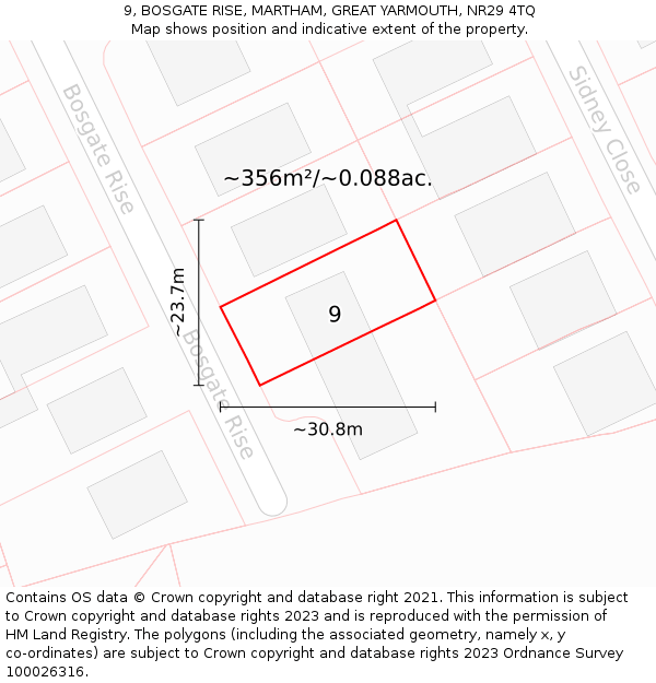 9, BOSGATE RISE, MARTHAM, GREAT YARMOUTH, NR29 4TQ: Plot and title map