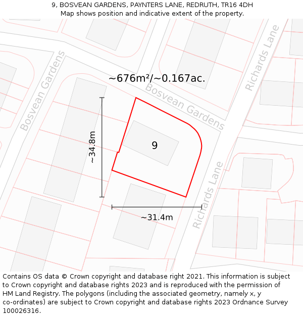 9, BOSVEAN GARDENS, PAYNTERS LANE, REDRUTH, TR16 4DH: Plot and title map