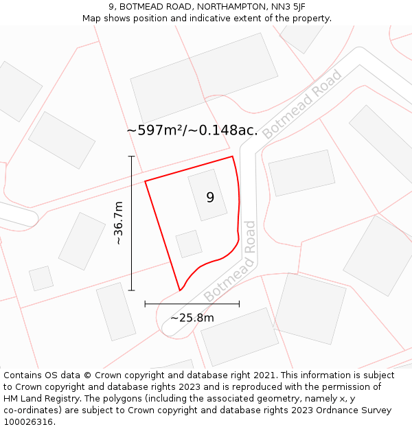 9, BOTMEAD ROAD, NORTHAMPTON, NN3 5JF: Plot and title map