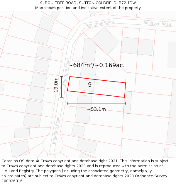 9, BOULTBEE ROAD, SUTTON COLDFIELD, B72 1DW: Plot and title map