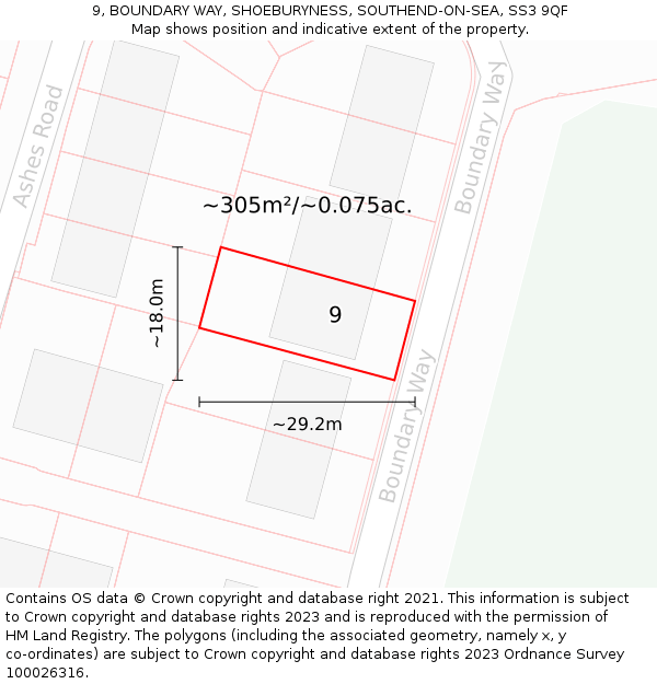 9, BOUNDARY WAY, SHOEBURYNESS, SOUTHEND-ON-SEA, SS3 9QF: Plot and title map