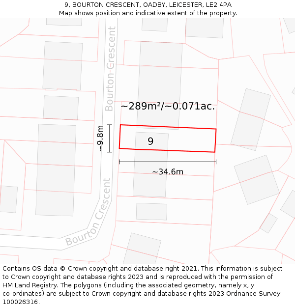 9, BOURTON CRESCENT, OADBY, LEICESTER, LE2 4PA: Plot and title map