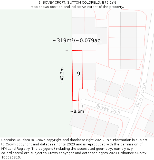 9, BOVEY CROFT, SUTTON COLDFIELD, B76 1YN: Plot and title map
