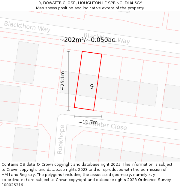 9, BOWATER CLOSE, HOUGHTON LE SPRING, DH4 6GY: Plot and title map