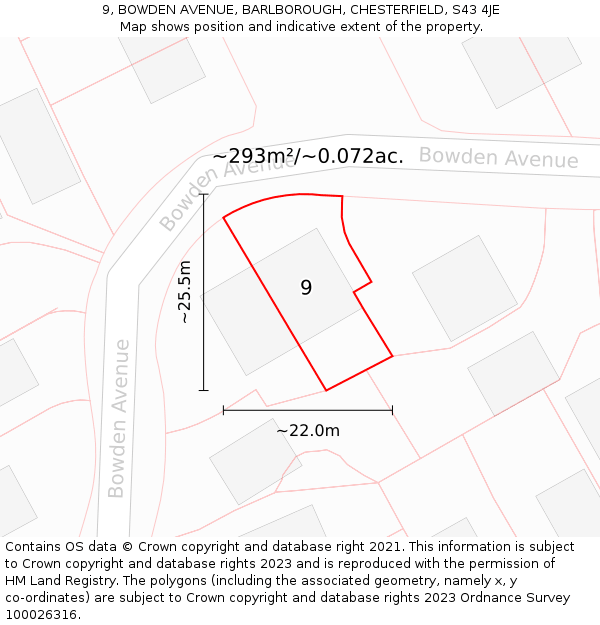 9, BOWDEN AVENUE, BARLBOROUGH, CHESTERFIELD, S43 4JE: Plot and title map