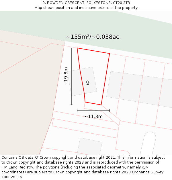 9, BOWDEN CRESCENT, FOLKESTONE, CT20 3TR: Plot and title map