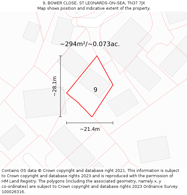 9, BOWER CLOSE, ST LEONARDS-ON-SEA, TN37 7JX: Plot and title map