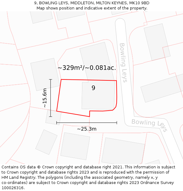 9, BOWLING LEYS, MIDDLETON, MILTON KEYNES, MK10 9BD: Plot and title map